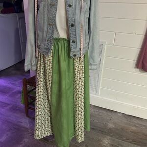 Green Patchwork Maxi Skirt with Elastic Waist